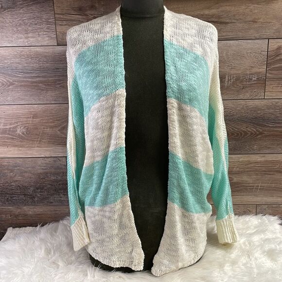 PINK ROSE Womens Lightweight Knit Open Front Sweater Cardigan Teal White Size L - Picture 1 of 7